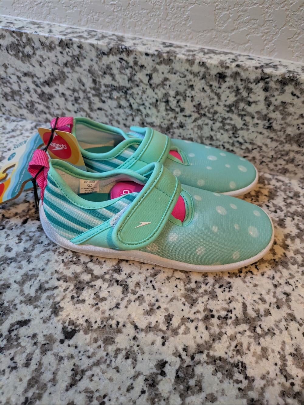 Speedo Kids Mint Aqua Polka Dot & Stripe Water Shoes with Pink Accent